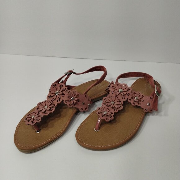Shoes - Enjoy Shoes Studded Flat Sandals Womens Size 38 Pink Flowers Adjustable Straps